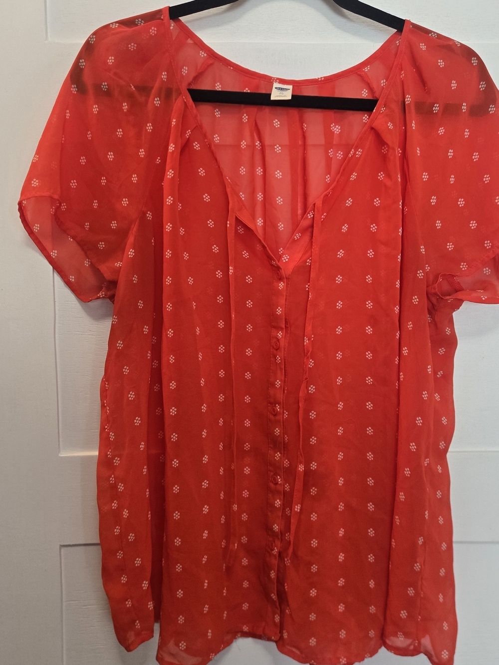 Old Navy Red Sheer Short-Sleeve V-Neck Blouse with White Dot Print